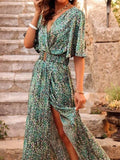 Women's Long Dress Maxi Dress Casual Dress Floral Dress Boho Dress Floral Casual Outdoor Daily Going out Lace up Split Long Sleeve V Neck Dress Loose Fit Black Red Green Fall Spring S M L XL XXL