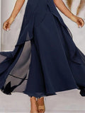 Women's Prom Dress Party Dress Wedding Guest Dress Long Dress Maxi Dress Navy Blue Short Sleeve Pure Color Ruffle Summer Spring Fall V Neck Fashion Evening Party Wedding Guest Vacation S M L XL