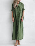 Women‘s Casual Dress Shirt Dress Linen Dress Long Dress Maxi Dress Green Black Blue 3/4 Length Sleeve Pure Color Button Fall Spring Autumn Shirt Collar Basic Daily Weekend Fall Dress Loose Fit S